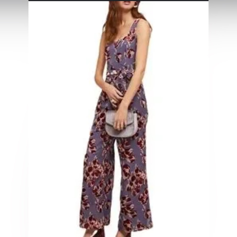 Anthropologie Purple Floral Sleeveless Wide-Leg Jumpsuit